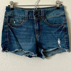 🌻 MUDD FLX STRETCH Juniors Blue Size 5 Wash Distressed Hem Denim Jean Shorts